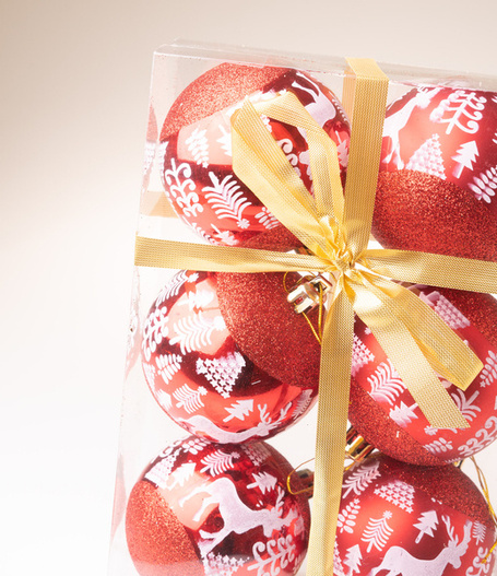 Bombki czerwone brokatowe z reniferem i choinką 7 cm 6 sztuk