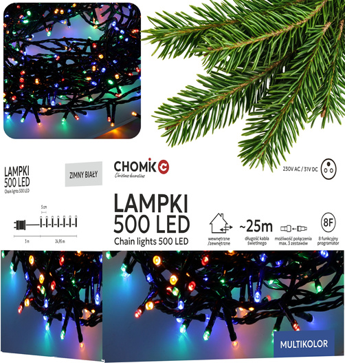 Lampki zewnętrzne/wewnętrzne 500 Led multicolor 25m+3m zasilacz