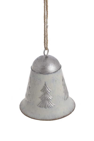 Zawieszka Dzwon metal biały srebrne choinki 8cm