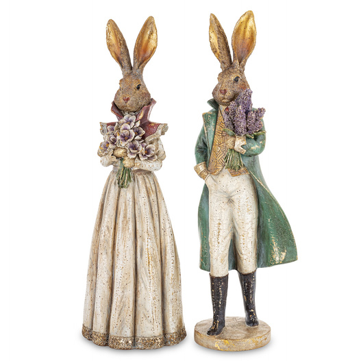 Figurka Królik ON/ONA złocone beżowa suknia/zielony frak z bukietem kwiatów 53 cm 1 sztuka