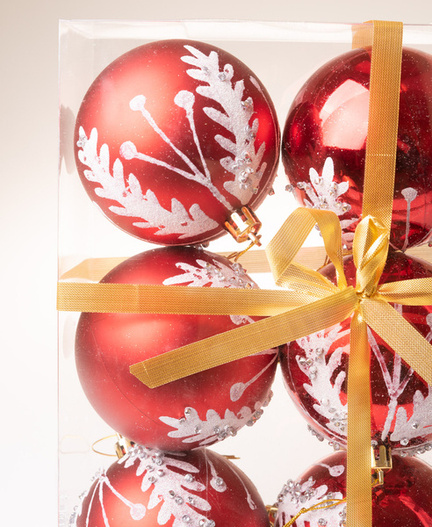 Bombki czerwone brokatowe z białymi gałązkami i srebrnymi cyrkoniami 8 cm 6 sztuk