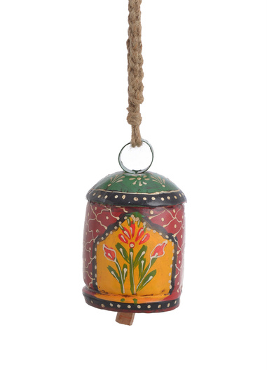 Dzwonek metalowy zawieszka czerwono-zielona kwiaty sznur jutowy 14 cm