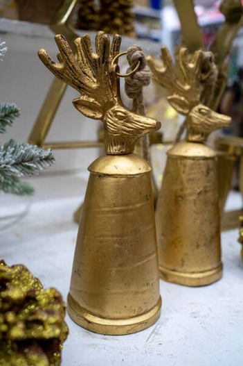 Dzwon metalowy złoty głowa Renifera 19cm sznur jutowy
