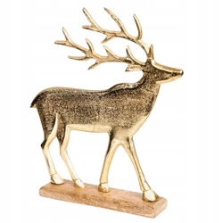 Renifer metalowy złoty, płaski, na drewnianej podstawce 31×25 cm