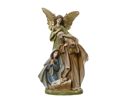 Szopka Święta Rodzina brązowo/zielono/szara złote skrzydła na zielonej podstawce 28 cm