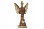 Anioł drewniany brązowy płaski złote metalowe skrzydła 32cm