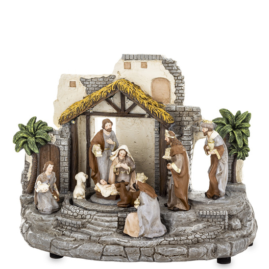 Szopka biała, Święta rodzina 3 Królowie na szarej wyspie 2 palmy LED 22x27cm