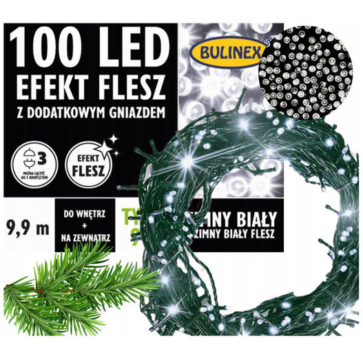 Lampki zewnętrzne 100LED białe zimne flesz