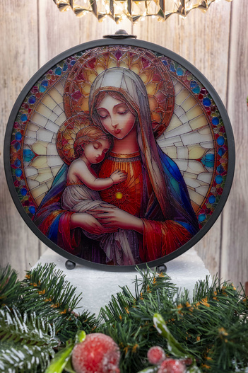 Lampion witraż LED czarny z Maryją z Dzieciątkiem 27x25cm