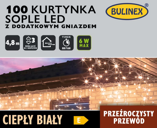 Kurtyna zew/wew sople 100LED 4,8m biały ciepły z dodatkowym gniazdem