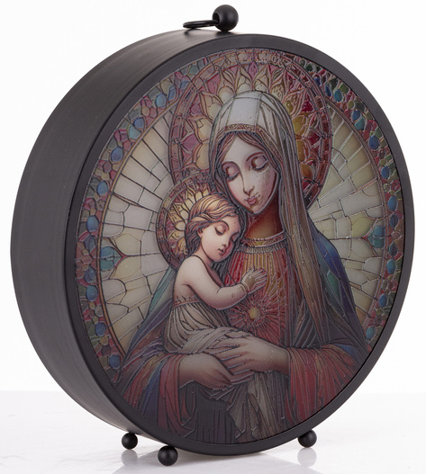 Lampion witraż LED czarny z Maryją z Dzieciątkiem 27x25cm
