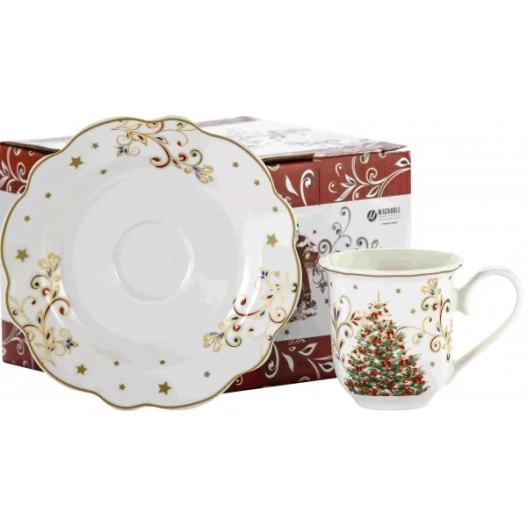 Filiżanki espresso ze spodkiem choinka czerwone bombki 90 ml 2 sztuki
