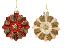 Bombka szklana 1sztuka Kwiat czerwony/złoty brokat 8cm