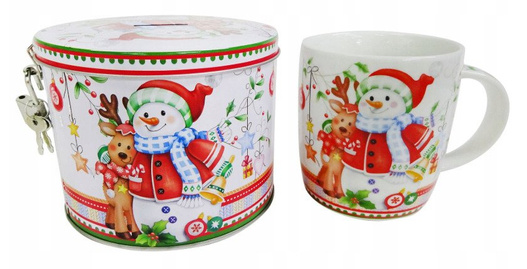 Puszka skarbonka z bałwankiem, reniferem i kubkiem