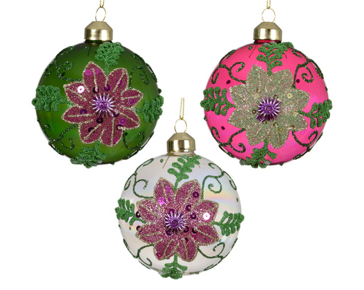 Bombka szklana 3sztuki 8cm zielony/opalizujący/róż brokatowe kwiaty transparentna 3wzory