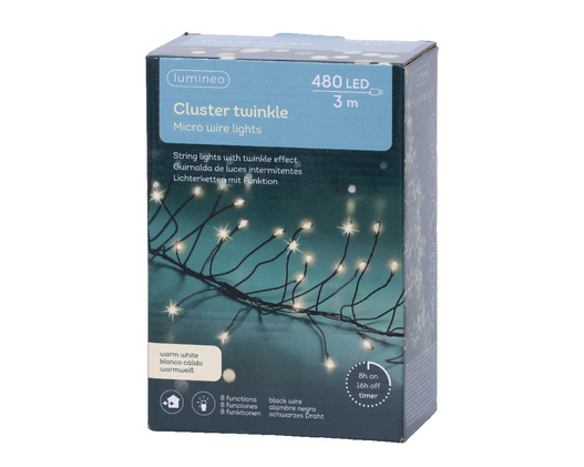 Lampki zew/wew cluster 480 LED 3m czarny/ ciepły biały 8funkcji