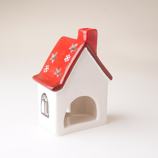 Domek ceramiczny tealight czerwony dach gwiazdki