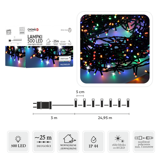 Lampki zewnętrzne/wewnętrzne 500 Led multicolor zimny flash 25m+3m zasilacz