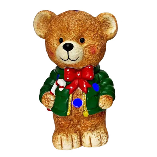 Miś ceramiczny LED w czerwono-zielonym ubranku 23 cm 