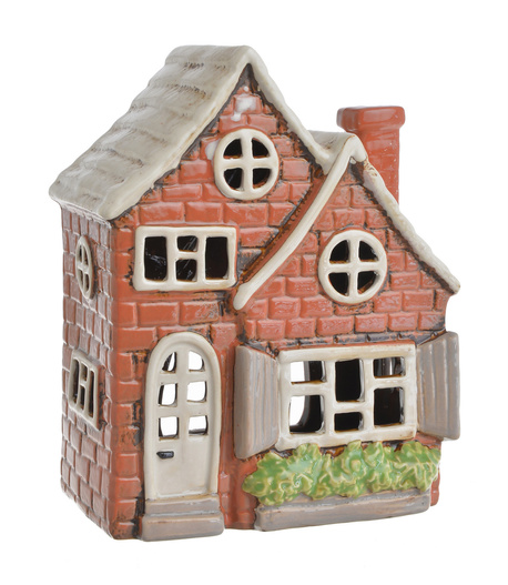 Domek holenderski na T-light brązowy z cegiełek z kremowym podwójnym dachem