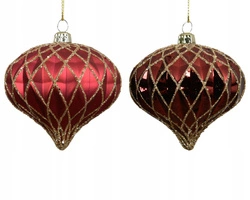 Bombka 1 sztuka 8cm czerwona bączek złote ranty 2wzory