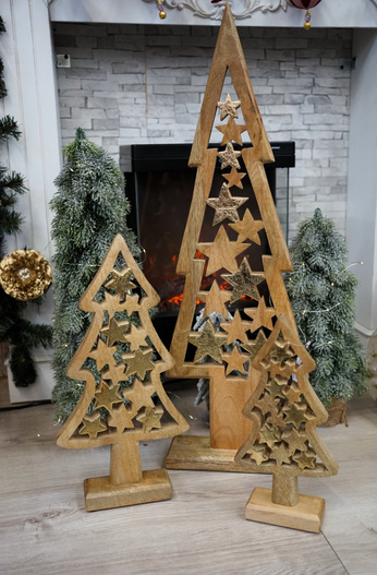 Choinka drewniana mango płaska z gwiazdkami 30cm