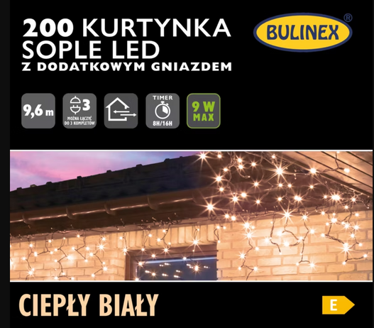 Kurtyna 200LED 9,6m biały ciepły gniazdo zewnątrz