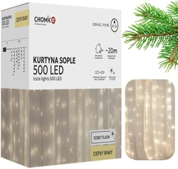 Kurtyna zewnętrzna/wewnętrzna 500 LED sople ciepły biały, zimny flash 20 m+ 3m