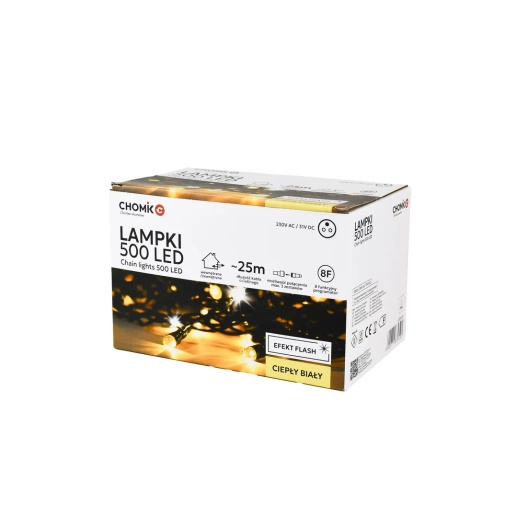 Lampki zewnętrzne/wewnętrzne 500 Led ciepły biały zimny flash 25m+3m zasilacz