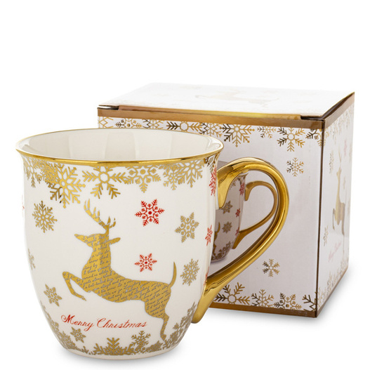 Kubek ceramiczny beczułka biały złoty renifer 560ml 
