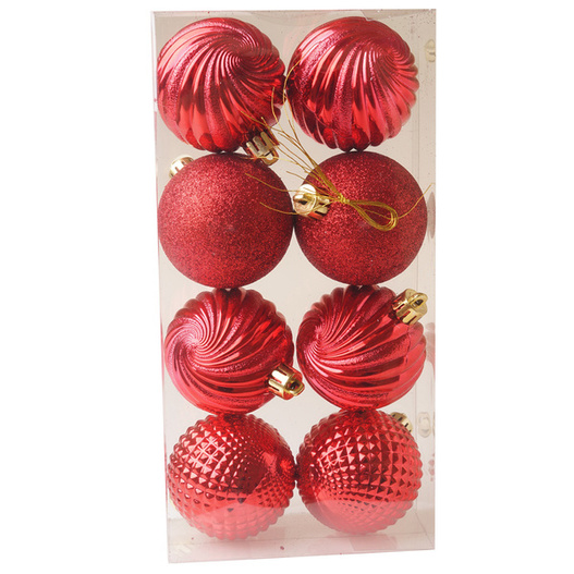 Bombki 8szt 6cm w prążki/ brokat/ pikow. czerwone