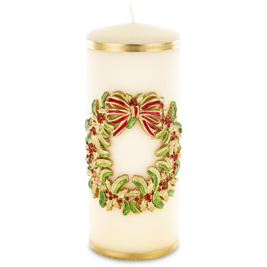 Świeca walec kremowa z wiankiem 14cm