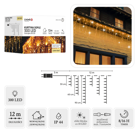 Kurtyna zewnętrzna/wewnętrzna 300 LED sople ciepły biały flash 12 m+ 3m