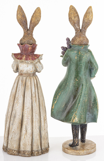 Figurka Królik ON/ONA złocone beżowa suknia/zielony frak z bukietem kwiatów 53 cm 1 sztuka