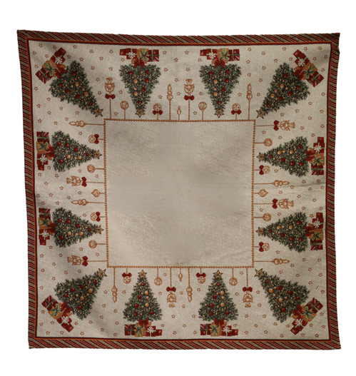 Świąteczny Obrus 85x85cm Choinka, zwisające bombki, bordowa obramówka