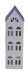Domek ceramiczny biały na t-light niebieski dach 3 piętrowy lampion świecznik 30cm