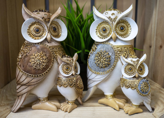 Figurka Sowy złoto-biała mama z dzieckiem 23cm