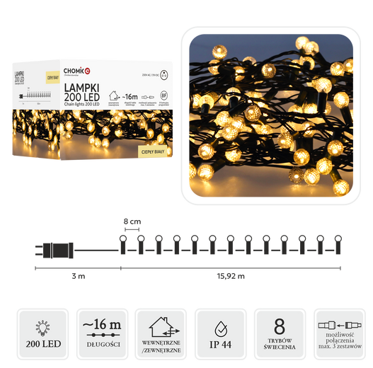 Lampki zewnętrzne/wewnętrzna 200 LED kulki ciepły biały 16 + 3m zasilania