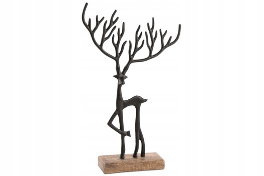 Renifer metalowy czarny chudy na drewnianej podstawce 38 cm