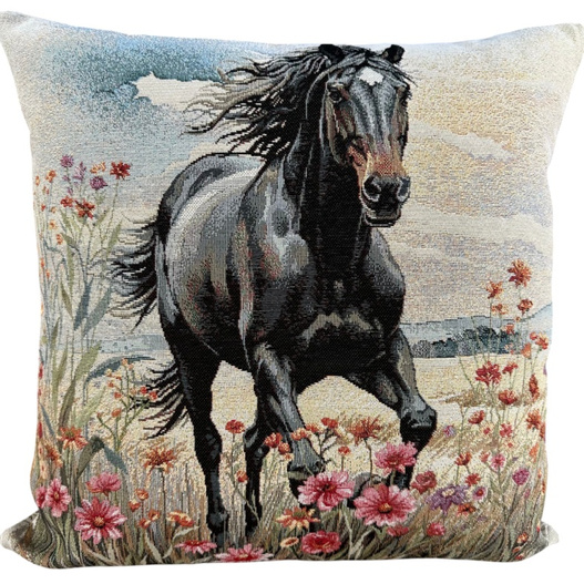 Poszewka na poduszkę 40x40cm EDEN czarny koń na łące Chenille