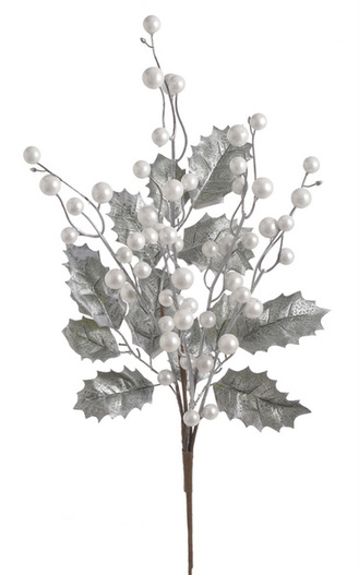 Gałązka liść ostrokrzewu biała, perłowe owoce 72cm