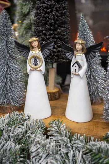 Anioł ceramiczny biała suknia, czarne skrzydła 2wzory 21cm