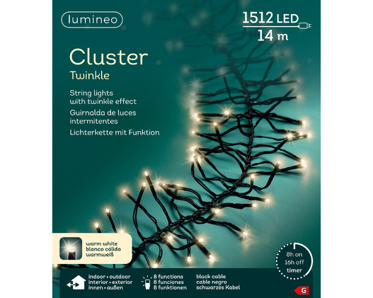 Lampki zew/wew cluster 1512 Led Flesz 14m czarny/ ciepłu biały 8funkcji