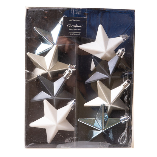 Bombki gwiazdki niebiesko-biało-srebrne mat/połysk 6,5 cm 8 sztuk