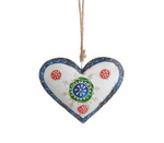 Zawieszka serce metalowe biało-niebieskie sznur jutowy z wzorami 12 cm