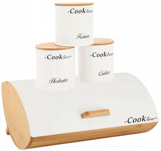 Chlebak bambusowy z białą pokrywką metalową +3 puszki 36,5x25cm