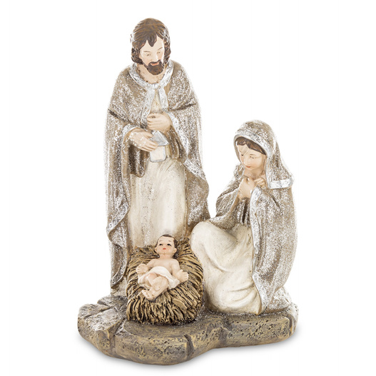 Szopka Święta Rodzina beżowo-złoto-brązowa brokat na podstawce 17x11,5 cm