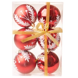 Bombki czerwone brokatowe z białymi gałązkami i srebrnymi cyrkoniami 8 cm 6 sztuk