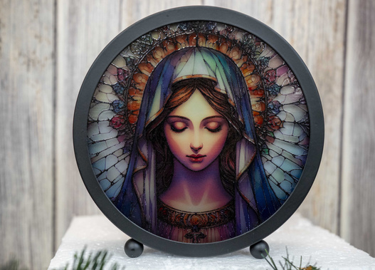 Lampion witrażowy LED z Matką Boską 15,5x15,5cm