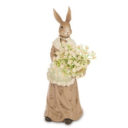 Figurka Królik ONA ogrodnik brąz sukienka koszyk kwiatów w ręku 31,5cm
